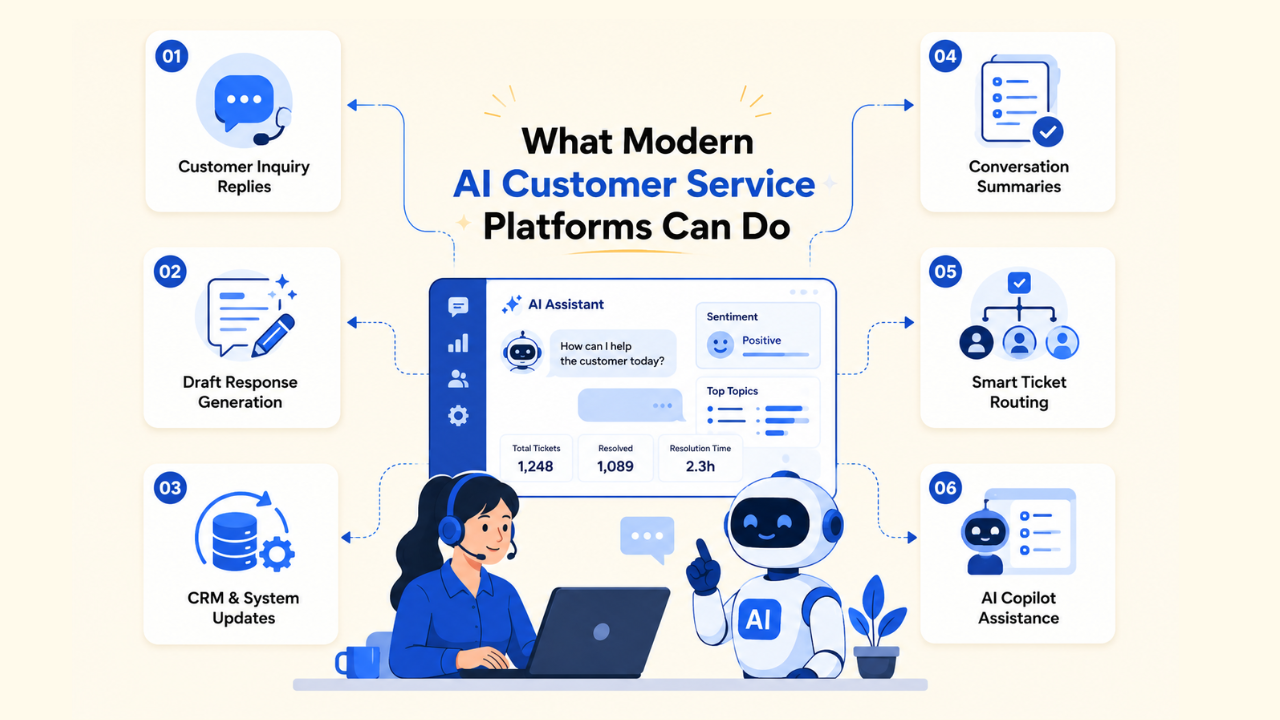 Illustration of what modern AI customer service platforms can do, including inquiry replies, draft responses, conversation summaries and smart ticket routing