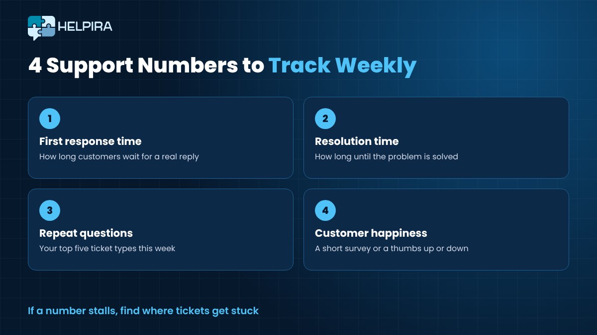Four support numbers to track every week, including first response time, resolution time, repeat questions and customer satisfaction